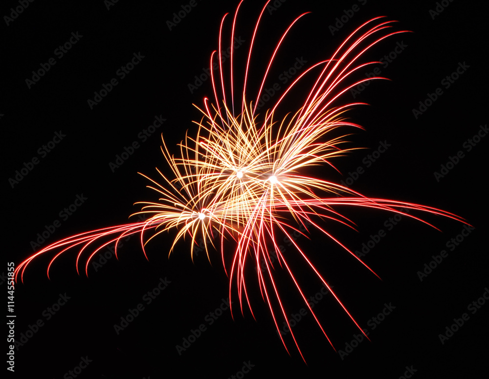 Aerial Shell Red and Gold Fireworks Burst Black Sky Aerial Shell Red and Gold Fireworks Burst Black Sky