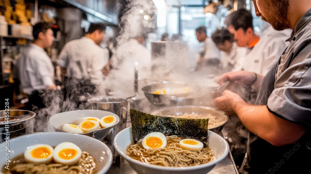 A bustling ramen shop with customers slurping noodles, steam rising from bowls filled with pork broth, soft-boiled eggs, and nori. The chef is seen preparing the next batch of orders behind A bustling ramen shop with customers slurping noodles, steam rising from bowls filled with pork broth, soft-boiled eggs, and nori. The chef is seen preparing the next batch of orders behind