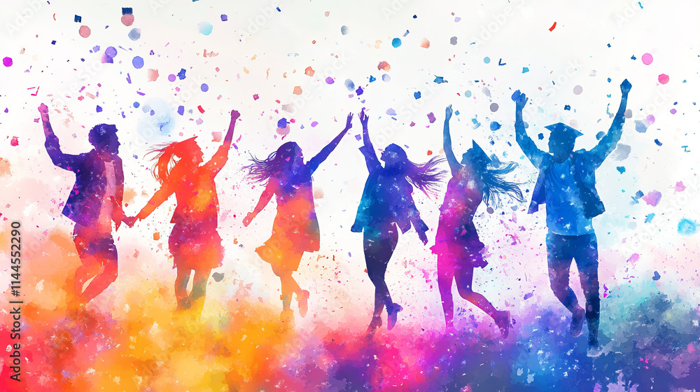 vibrant group of students joyfully dancing amidst colorful falling confetti, celebrating together in lively and energetic atmosphere vibrant group of students joyfully dancing amidst colorful falling confetti, celebrating together in lively and energetic atmosphere