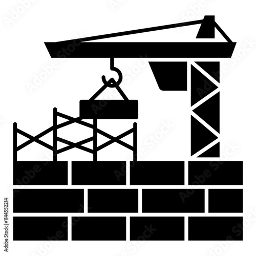 Unique design icon of tower crane with bricks, wall construction