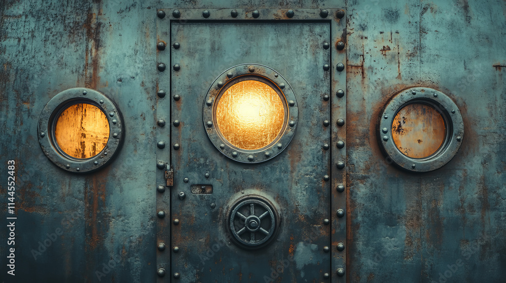 Metal door on wall with portholes and rivets, submarine or bunker close entrance. Ship or secret laboratory steel bulletproof doorway with illuminator and rotary valve lock wheel realistic 3d vector Metal door on wall with portholes and rivets, submarine or bunker close entrance. Ship or secret laboratory steel bulletproof doorway with illuminator and rotary valve lock wheel realistic 3d vector