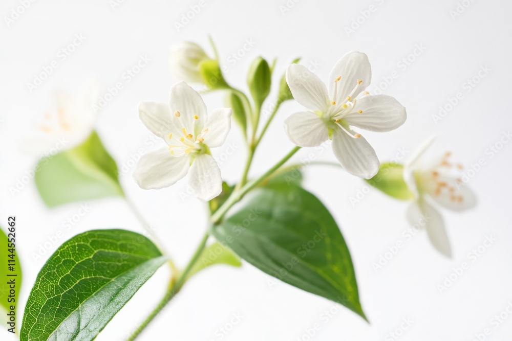 Fototapeta premium close-up of white jasmine flowers with green leaves against a white background