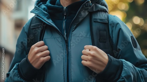 A close-up shot of a person wearing a stylish designer jacket with a recognizable brand logo. photo