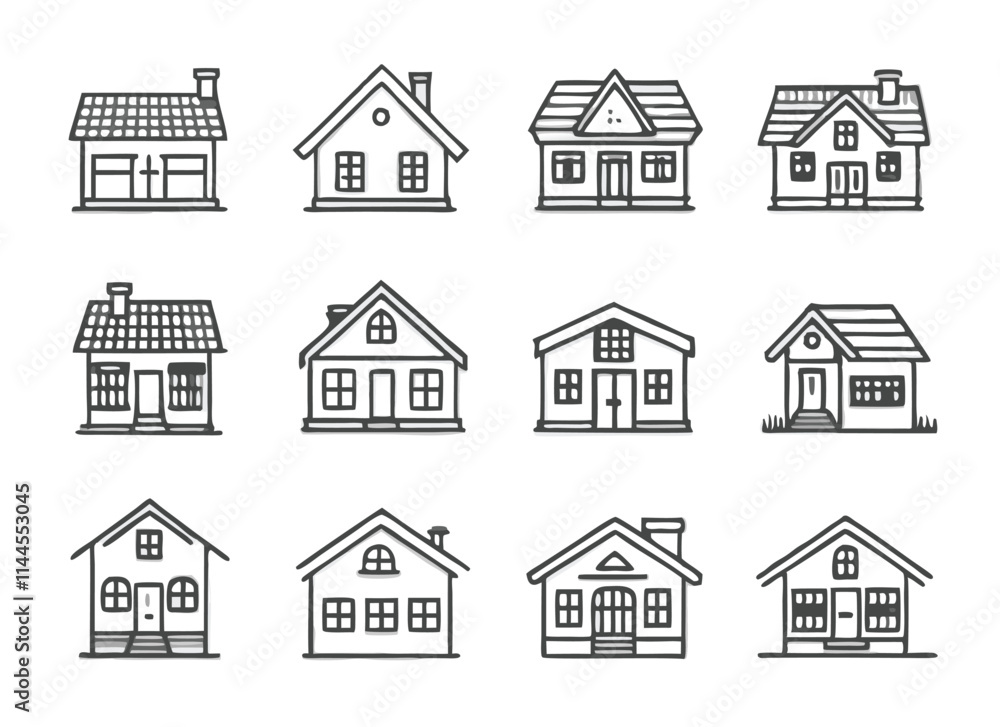 Real Estate Property Thin Line Icons - House, Garage, and Cottage Set. Editable stroke Vector illustration. Black Outline Icons of Houses and Apartments Real Estate Property Thin Line Icons - House, Garage, and Cottage Set. Editable stroke Vector illustration. Black Outline Icons of Houses and Apartments