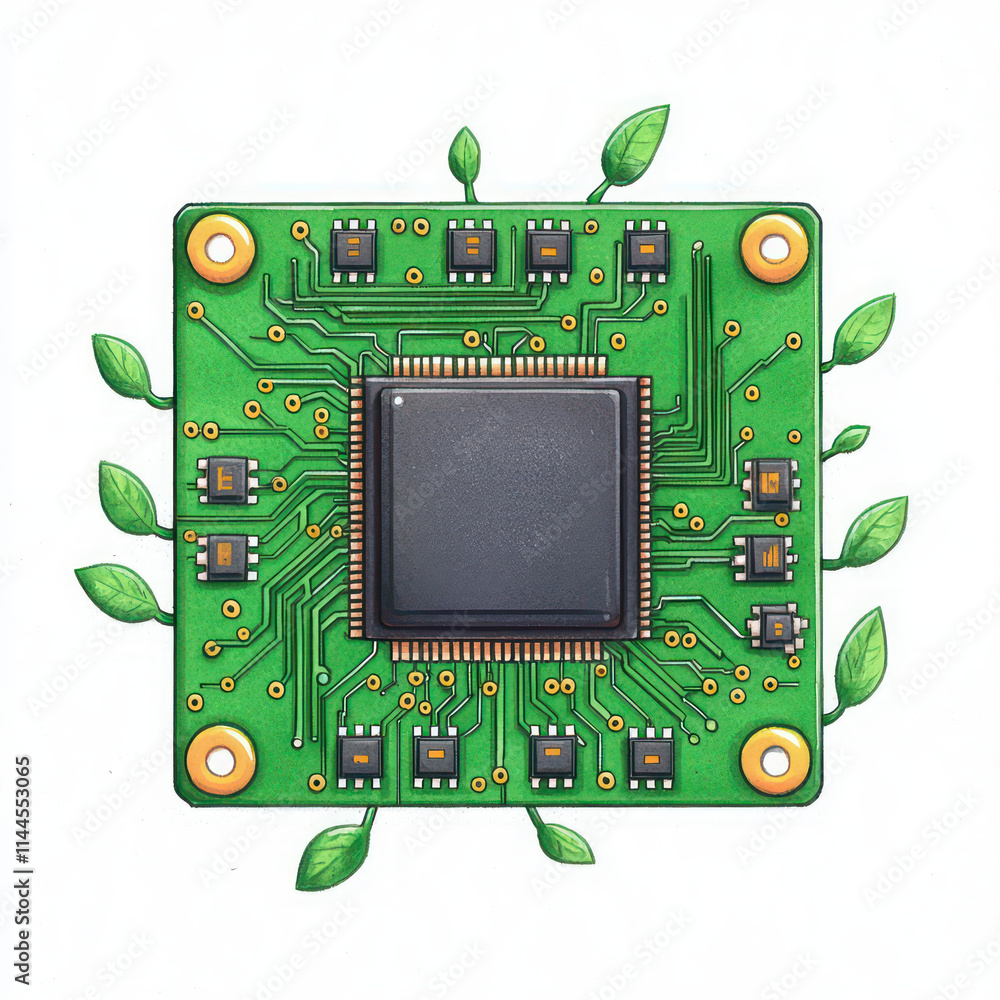 Fototapeta premium creative of circuit board with green leaves, symbolizing technology and nature