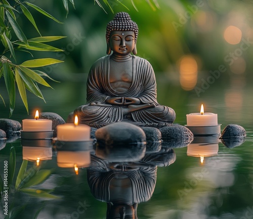 Tranquil stone Buddha surrounded by floating candles and lush greenery in a s...