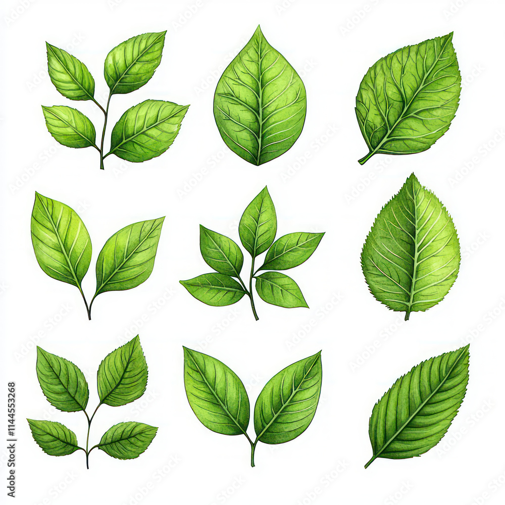 Beautiful collection of green leaves in various shapes and sizes, showcasing nature diversity and vibrant colors Beautiful collection of green leaves in various shapes and sizes, showcasing nature diversity and vibrant colors