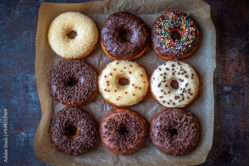 Assortment of delicious donuts arranged neatly on parchment paper in a bakery...