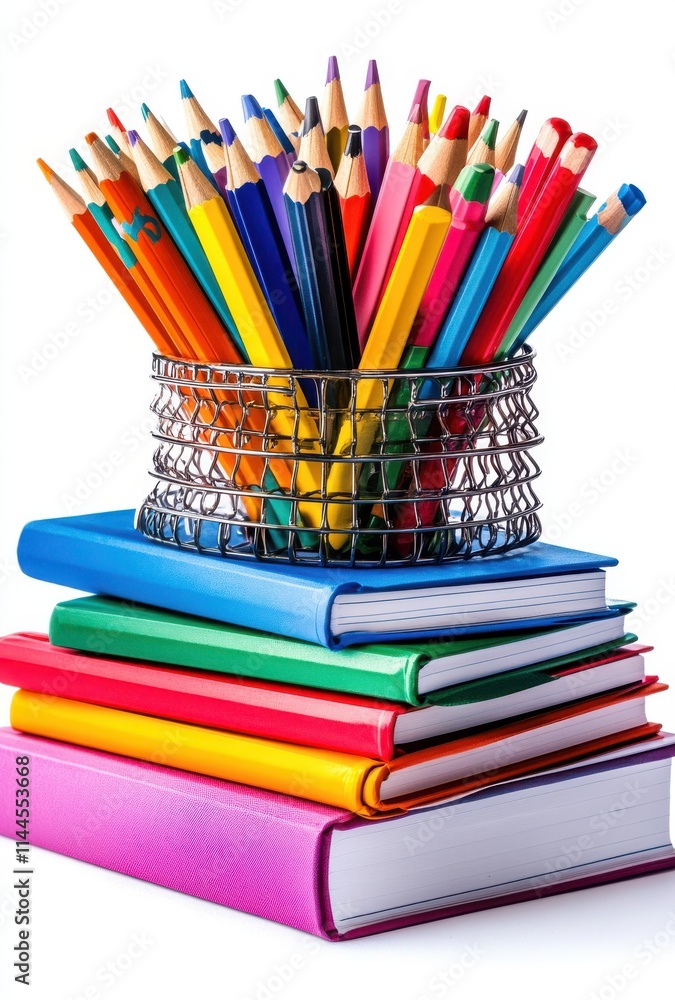 Vibrant Arrangement of Colored Pencils in a Wire Basket on Top of Stacked Notebooks in Various Colors Ideal for Education or Creative Projects Vibrant Arrangement of Colored Pencils in a Wire Basket on Top of Stacked Notebooks in Various Colors Ideal for Education or Creative Projects