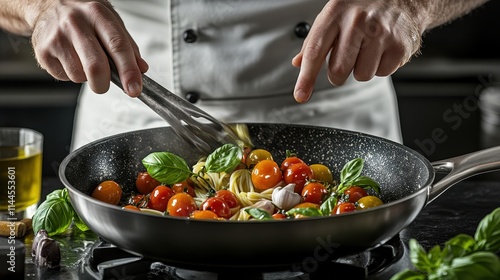 A chef tossing pasta in a skillet, with vibrant ingredients like cherry tomatoes, garlic, and fresh basil cooking in olive oil.  photo