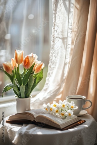 Cozy indoor setting with a cup of tea, open book, and a vase of colorful tuli...