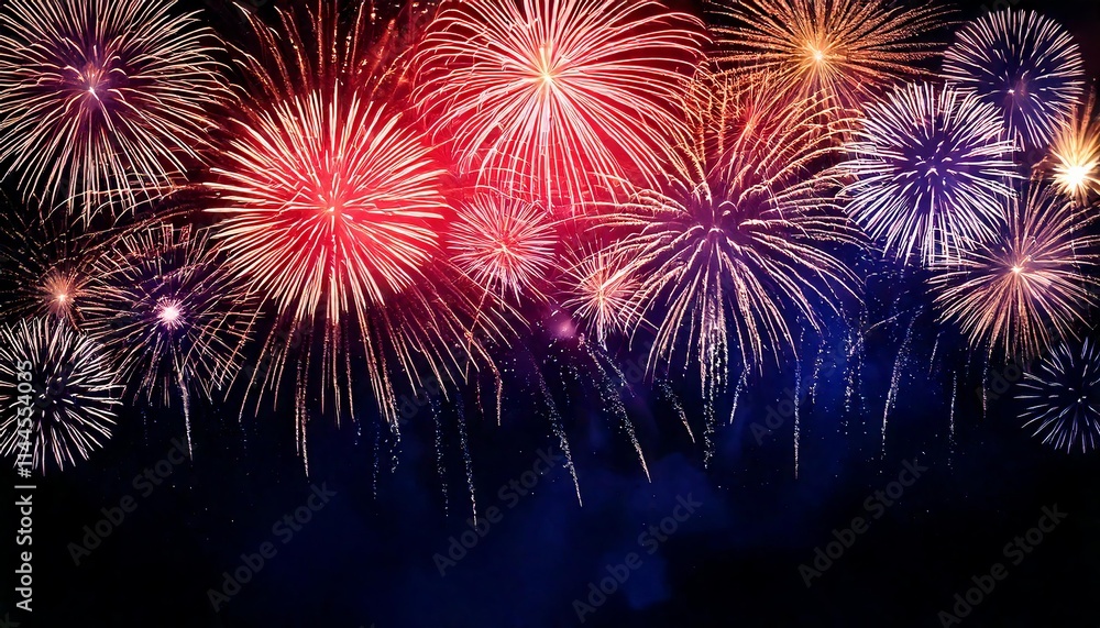 Night Black Bokeh Background with Realistic Fireworks, Empty Space for Design Night Black Bokeh Background with Realistic Fireworks, Empty Space for Design