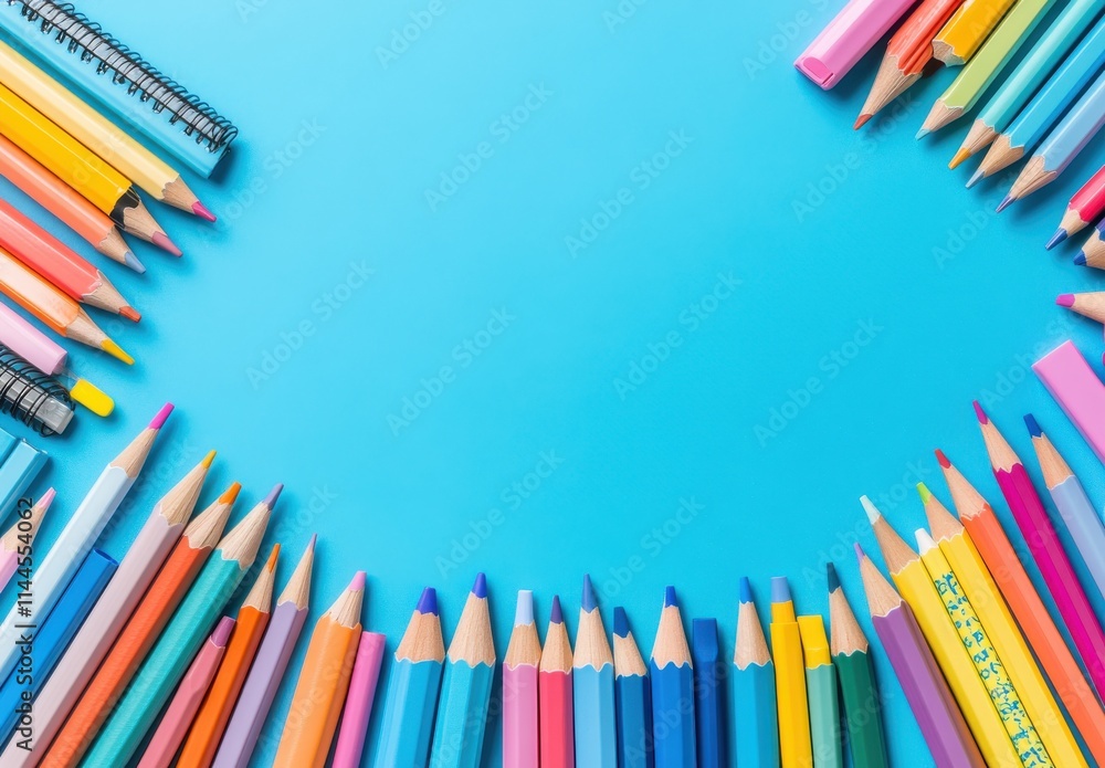 Fototapeta premium Vibrant Collection of Colorful Pencils and Stationery Items Arranged on a Bright Blue Background, Perfect for School, Art Projects, or Creative Endeavors