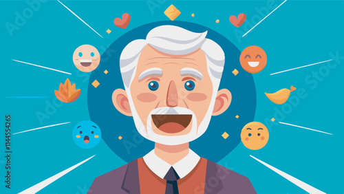 Elderly man with white beard and emoticons on laptop screen, radiating joy with fire, smiles, hearts. Vibrant, energetic image with greenish-blue background.