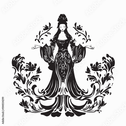 Kwan yin standing Illustration Logo design Vector isolated on white background. 