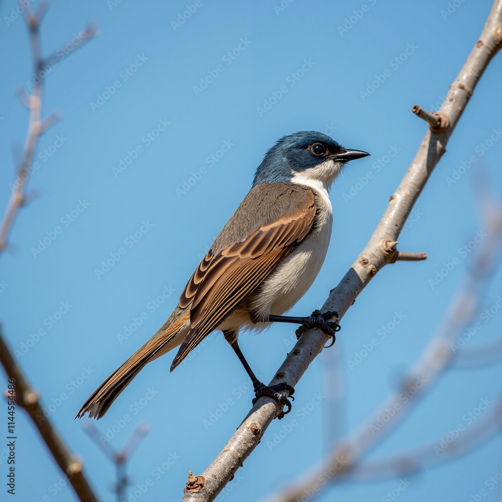 Blue-and-white bird perched on a bare branch under a clear blue sky Blue-and-white bird perched on a bare branch under a clear blue sky
