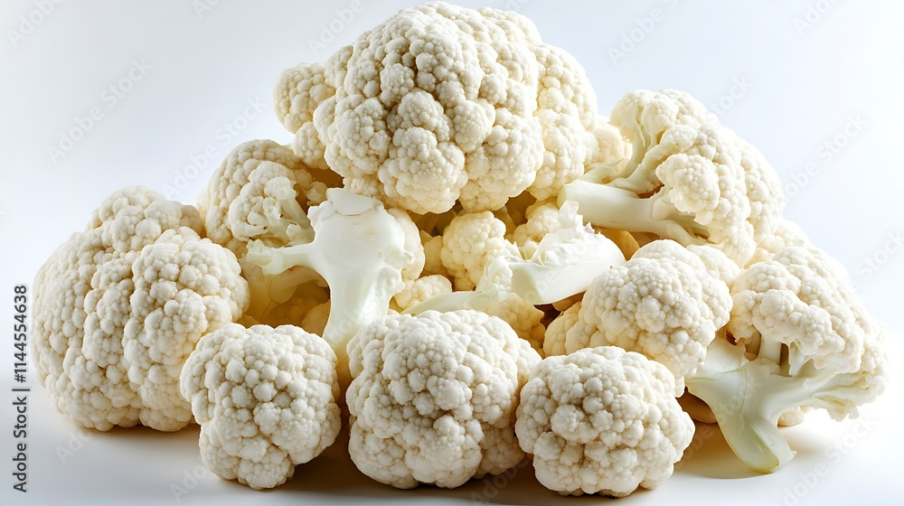 Close-up capturing cauliflower arranged on a clean white background, subtle textures visible, balanced soft lighting emphasizing natural hues 