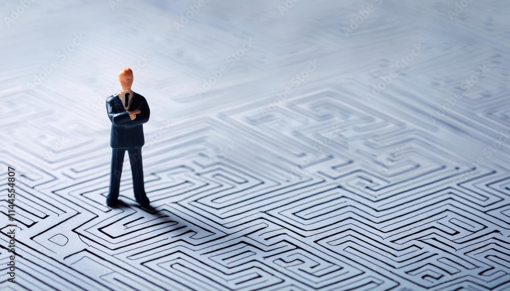 businessman stands facing a complex maze businessman stands facing a complex maze