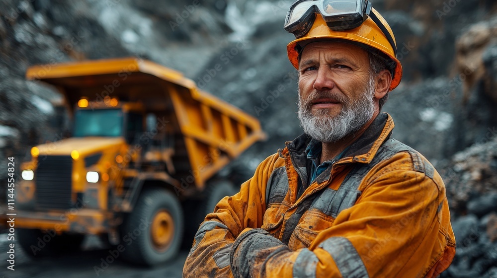 Experienced worker standing confidently in front of heavy machinery at a mining site during daylight hours Experienced worker standing confidently in front of heavy machinery at a mining site during daylight hours