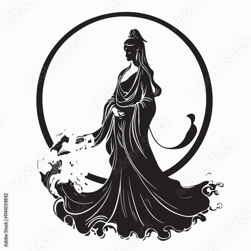 Black and white Kwan yin standing Logo design Vector isolated on white background. 