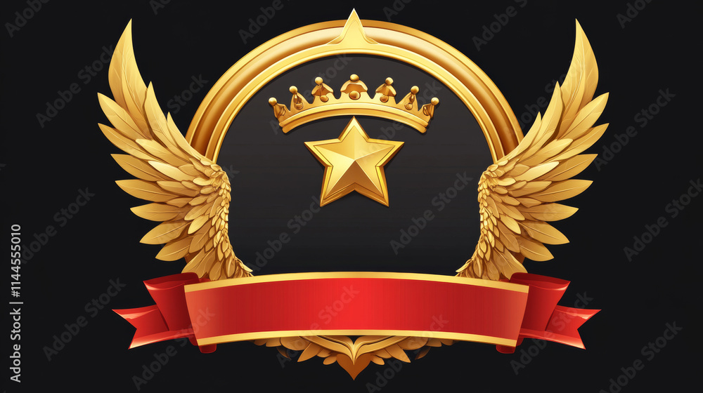 Circle badge frame for game ui avatar design with wings, golden crown and yellow star, red ribbon banner. Cartoon vector illustration set of empty fantasy round reward border interface elements. Circle badge frame for game ui avatar design with wings, golden crown and yellow star, red ribbon banner. Cartoon vector illustration set of empty fantasy round reward border interface elements.