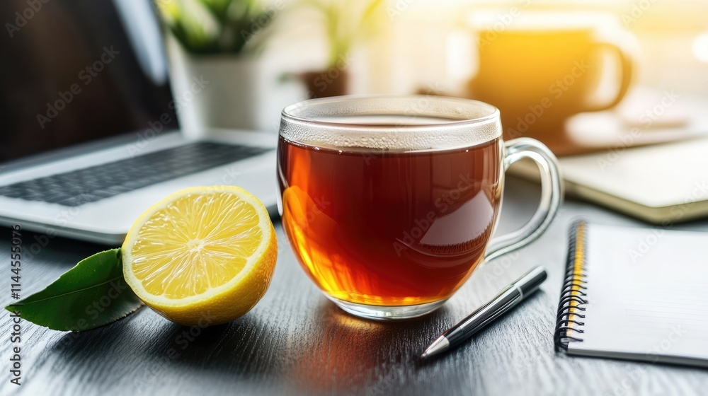 A comforting cup of tea rests next to a fresh lemon, inviting productivity in a bright and welcoming workspace A comforting cup of tea rests next to a fresh lemon, inviting productivity in a bright and welcoming workspace