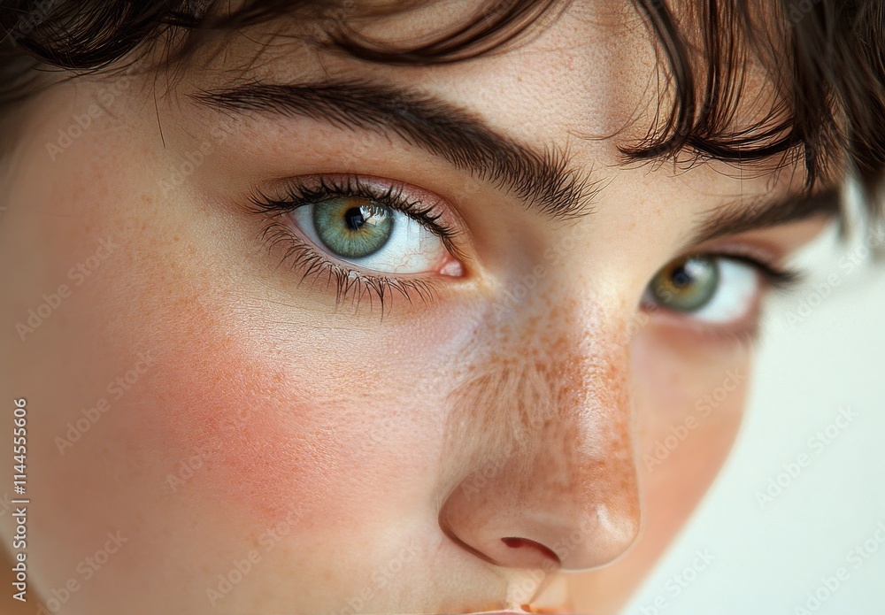 Close-up of a young person's striking green eyes highlighting natural beauty and delicate features in soft Close-up of a young person's striking green eyes highlighting natural beauty and delicate features in soft