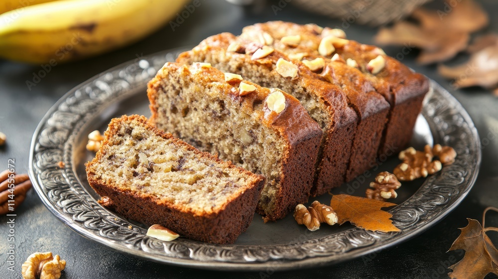 Top-down view of sliced banana bread with nuts on vintage plate rustic culinary atmosphere Top-down view of sliced banana bread with nuts on vintage plate rustic culinary atmosphere