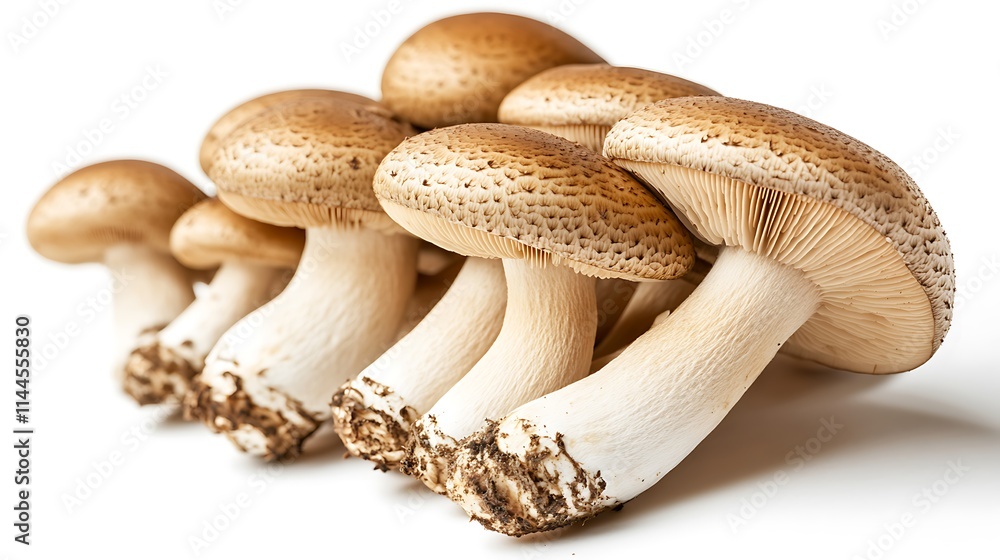 Close-up capturing mushroom arranged on a clean white background, subtle textures visible, balanced soft lighting emphasizing natural hues 