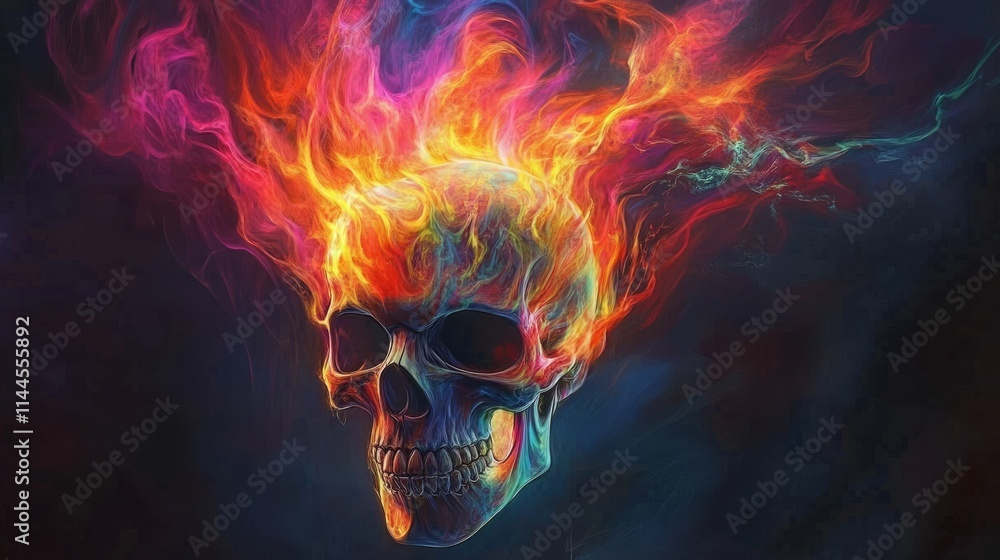 Illustration of a skull engulfed by fiery, vivid flames in shades of orange, red, and blue against a black backdrop. Striking and intense artwork ideal for bold, energetic designs.. AI Generation Illustration of a skull engulfed by fiery, vivid flames in shades of orange, red, and blue against a black backdrop. Striking and intense artwork ideal for bold, energetic designs.. AI Generation