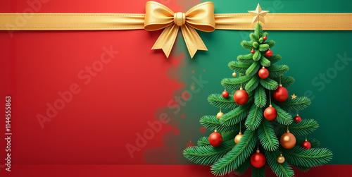 A decorated Christmas tree with red and gold ornaments and a star stands against a split red and green background.