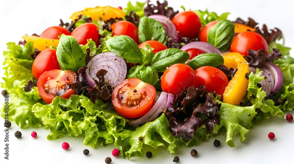 A fresh garden salad with cherry tomatoes, lettuce, and bell peppers is artistically scattered on a white background, highlighting vibrant colors and organic vegetables in clean styling. A fresh garden salad with cherry tomatoes, lettuce, and bell peppers is artistically scattered on a white background, highlighting vibrant colors and organic vegetables in clean styling.