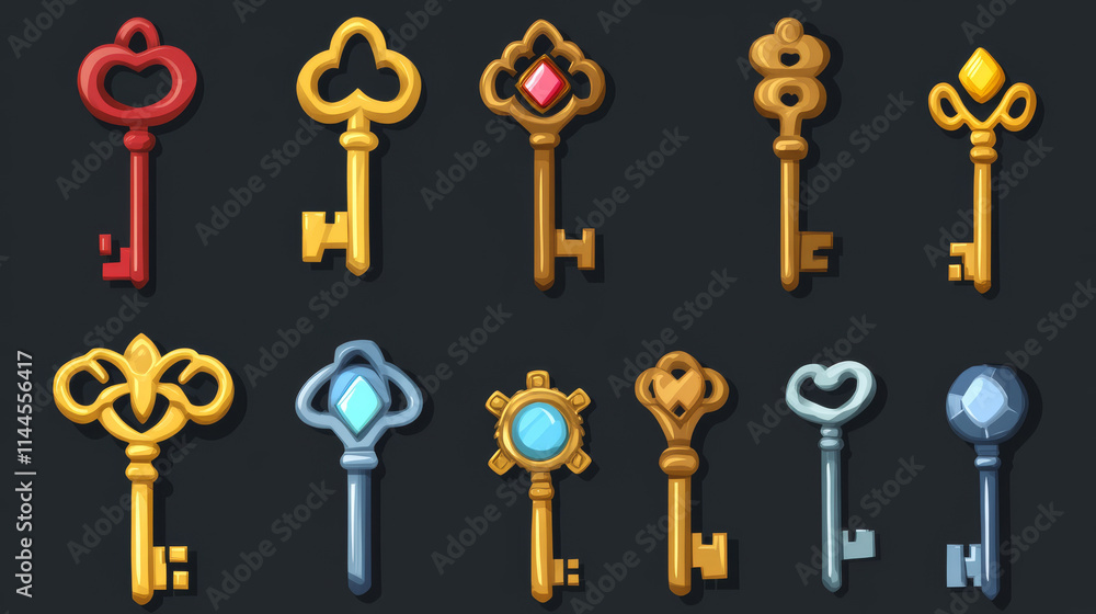 Set of keys made of wood, gold, silver and stone isolated on dark background. Cartoon vector illustration of different rank trophies. Collection of game props, level awards. Gui design elements Set of keys made of wood, gold, silver and stone isolated on dark background. Cartoon vector illustration of different rank trophies. Collection of game props, level awards. Gui design elements
