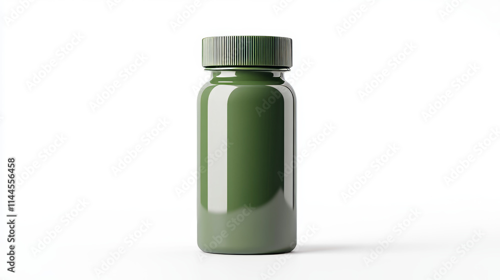 Green vitamin bottle, plastic pill jar package. 3d blank medicine or supplement container with cap. Isolated capsule box with lid set. Realistic health drug or protein large can on white background. Green vitamin bottle, plastic pill jar package. 3d blank medicine or supplement container with cap. Isolated capsule box with lid set. Realistic health drug or protein large can on white background.