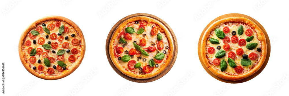 Tasty pizza top view. Set of pizza on wooden plate Tasty pizza top view. Set of pizza on wooden plate
