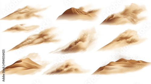 Desert sandstorm set, brown dusty clouds or dry sand flying with gust of wind, explosion collection realistic texture vector illustration isolated on transparent background photo