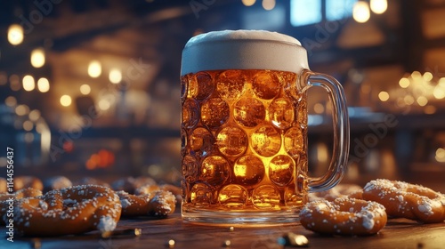 Mug of golden beer beside soft pretzels in a cozy tavern decorated with warm ...