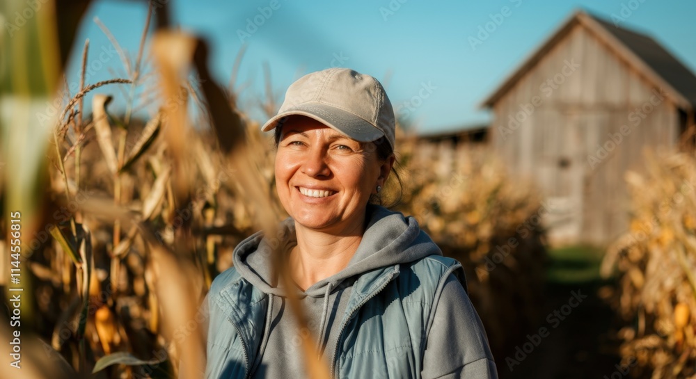 Smiling woman in a cornfield, enjoying a sunny day on the farm Smiling woman in a cornfield, enjoying a sunny day on the farm
