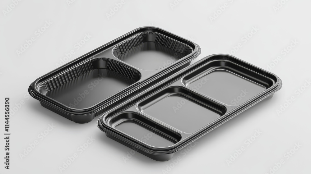 Black plastic trays for food, empty styrofoam containers with transparent film wrapper. Vector realistic mockup of 3d polystyrene package for lunch, meal and fresh products Black plastic trays for food, empty styrofoam containers with transparent film wrapper. Vector realistic mockup of 3d polystyrene package for lunch, meal and fresh products