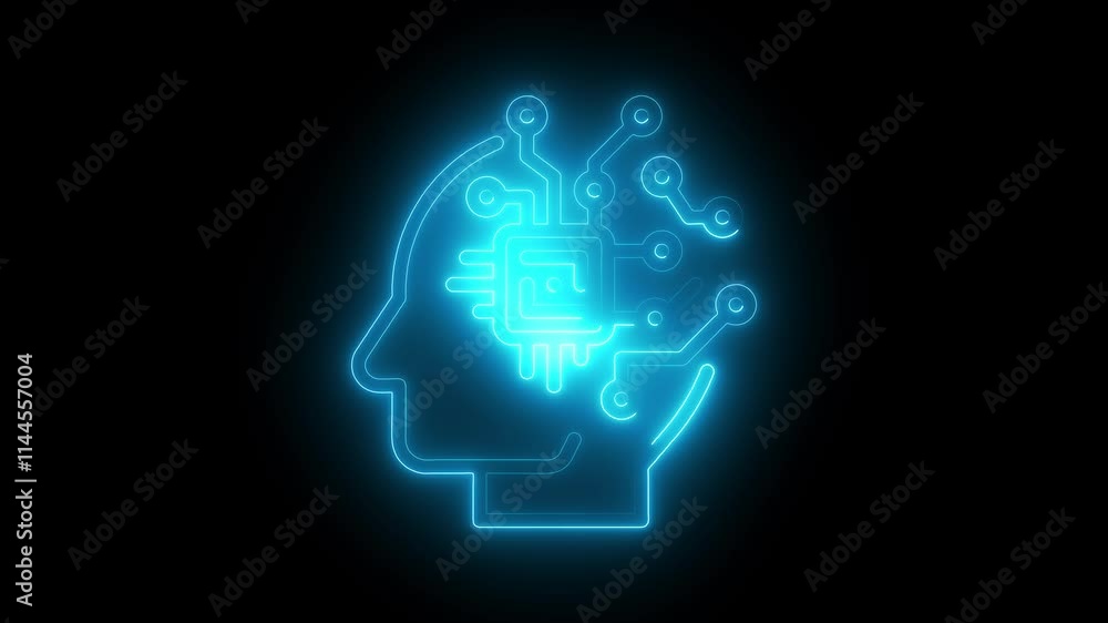 AI icon animation by cyan color neon on black background.