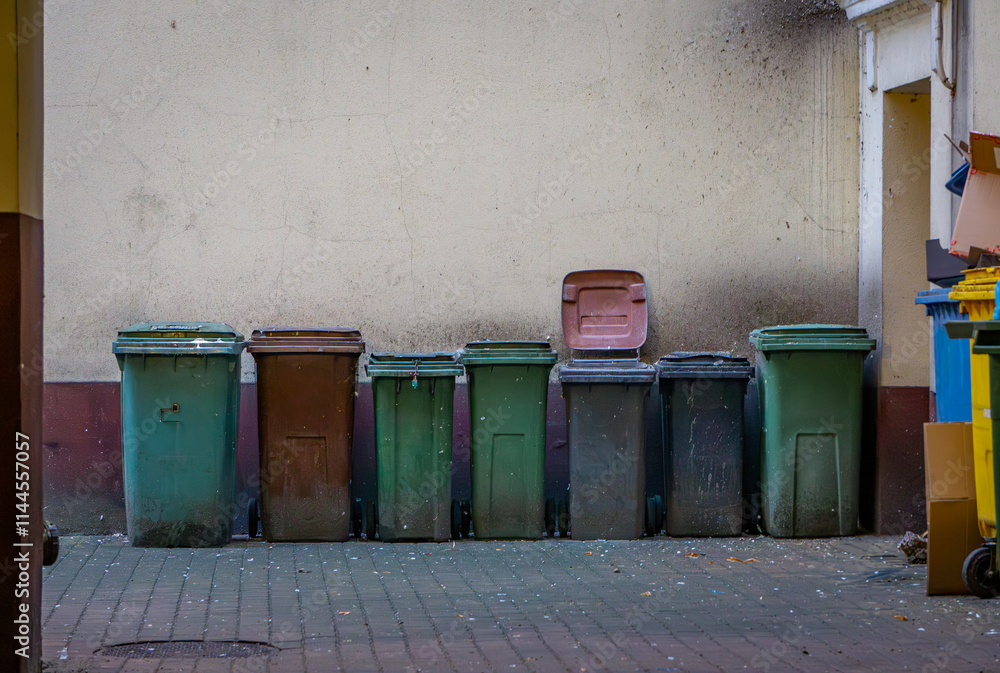 colorful garbage bins in the yard of a tenement house. waste segregation. colorful garbage bins in the yard of a tenement house. waste segregation.