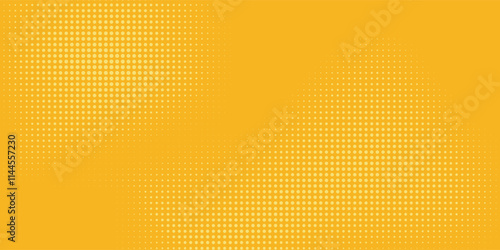Yellow halftone pattern. Retro comic gradient background. Bright orange pixelated dotted texture overlay. Cartoon pop art faded gradient pattern. Vector backdrop for poster, banner, advertisement