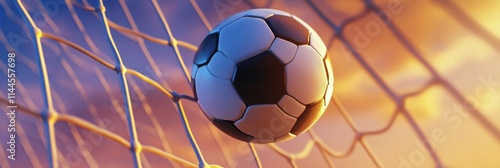 Soccer ball strikes the net during a sunset match in a stadium filled with ch...