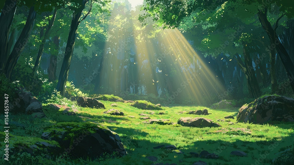 Fototapeta premium Sunlight filtering through a tranquil forest scene.