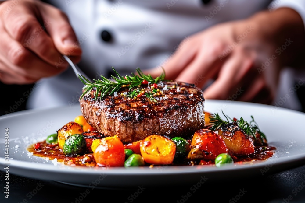 Gourmet Masterpiece: Chef Carefully Plating a Dish in Detail Gourmet Masterpiece: Chef Carefully Plating a Dish in Detail