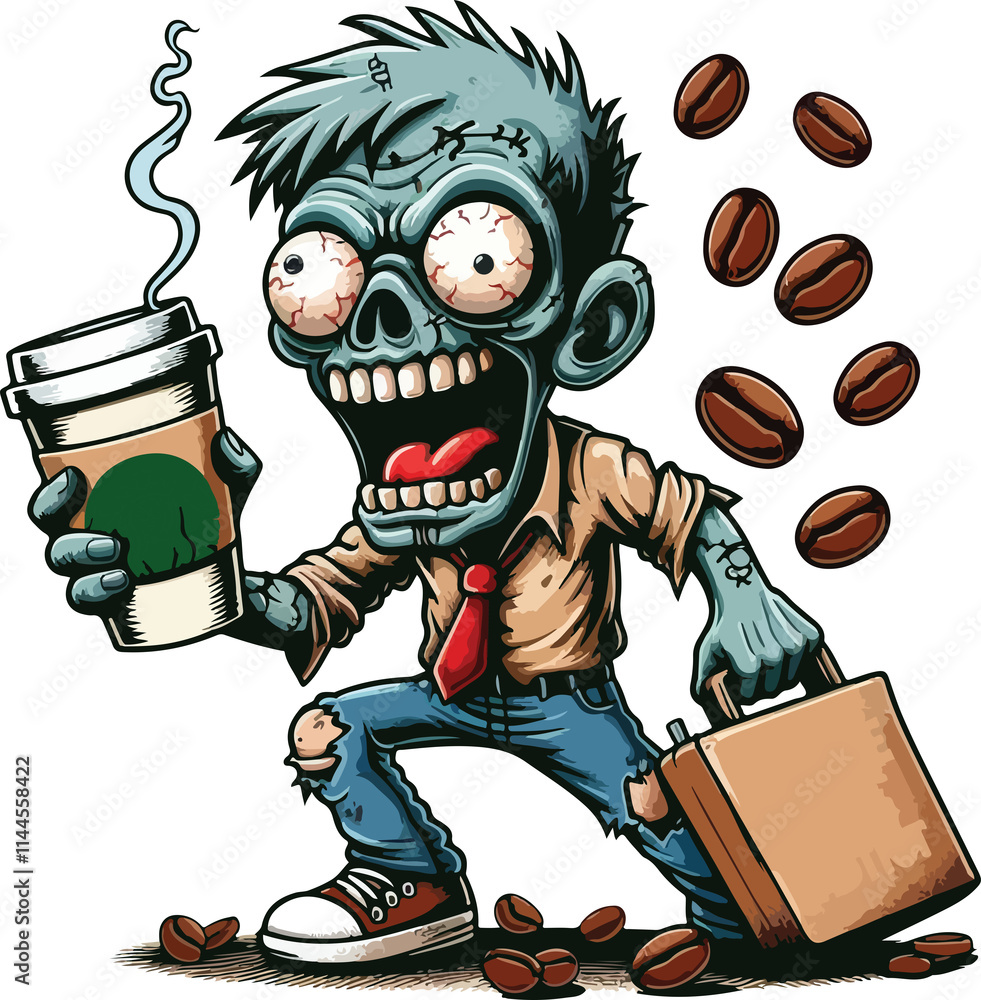 Obraz premium Zombie Office Worker: A cartoon zombie, with a briefcase and cup of coffee, stumbles through the day, fueled by caffeine and a desperate need to survive. The undead, but still in the rat race. 