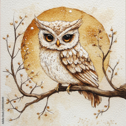 beautifully illustrated owl perched on branch, surrounded by warm, golden background. intricate details and soft colors evoke sense of calm and wonder photo