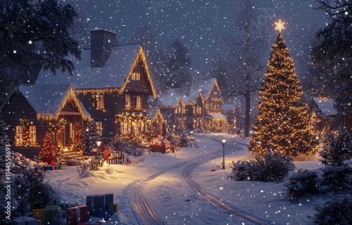 Festive winter evening with snow falling on a charming village adorned with C...