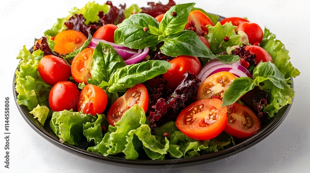A fresh garden salad with cherry tomatoes, lettuce, and bell peppers is artistically scattered on a white background, highlighting vibrant colors and organic vegetables in clean styling. A fresh garden salad with cherry tomatoes, lettuce, and bell peppers is artistically scattered on a white background, highlighting vibrant colors and organic vegetables in clean styling.