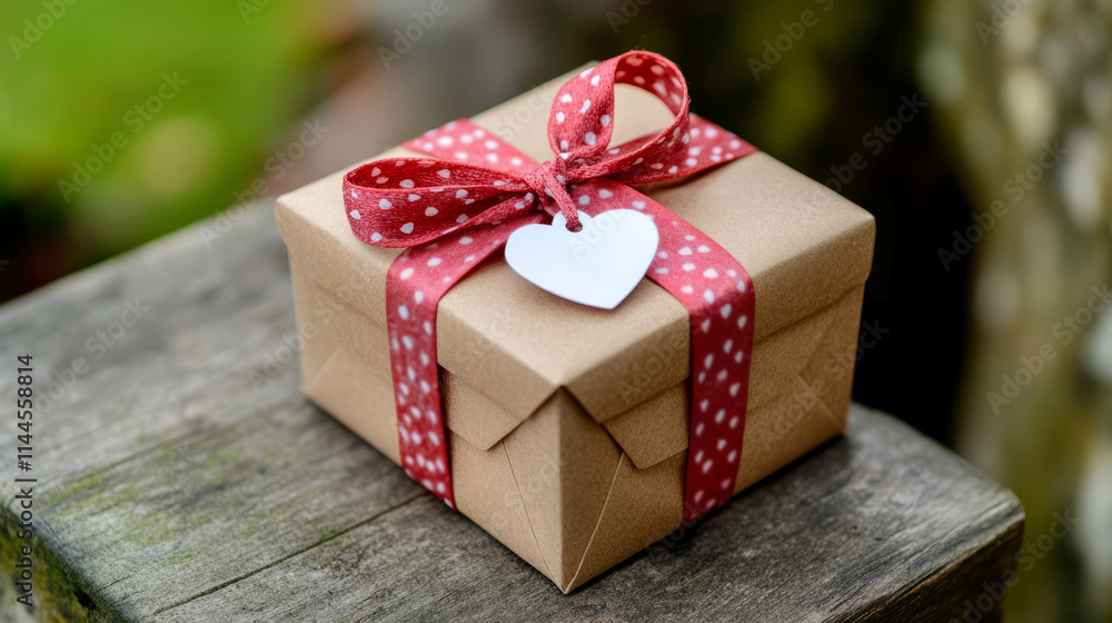 Charming Gift Box with Red Ribbon and Heart Tag on Wooden Table Surrounded by Nature Charming Gift Box with Red Ribbon and Heart Tag on Wooden Table Surrounded by Nature
